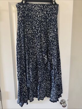 Navy and White Printed Hi- Low Style Ruffled Midi Skirt